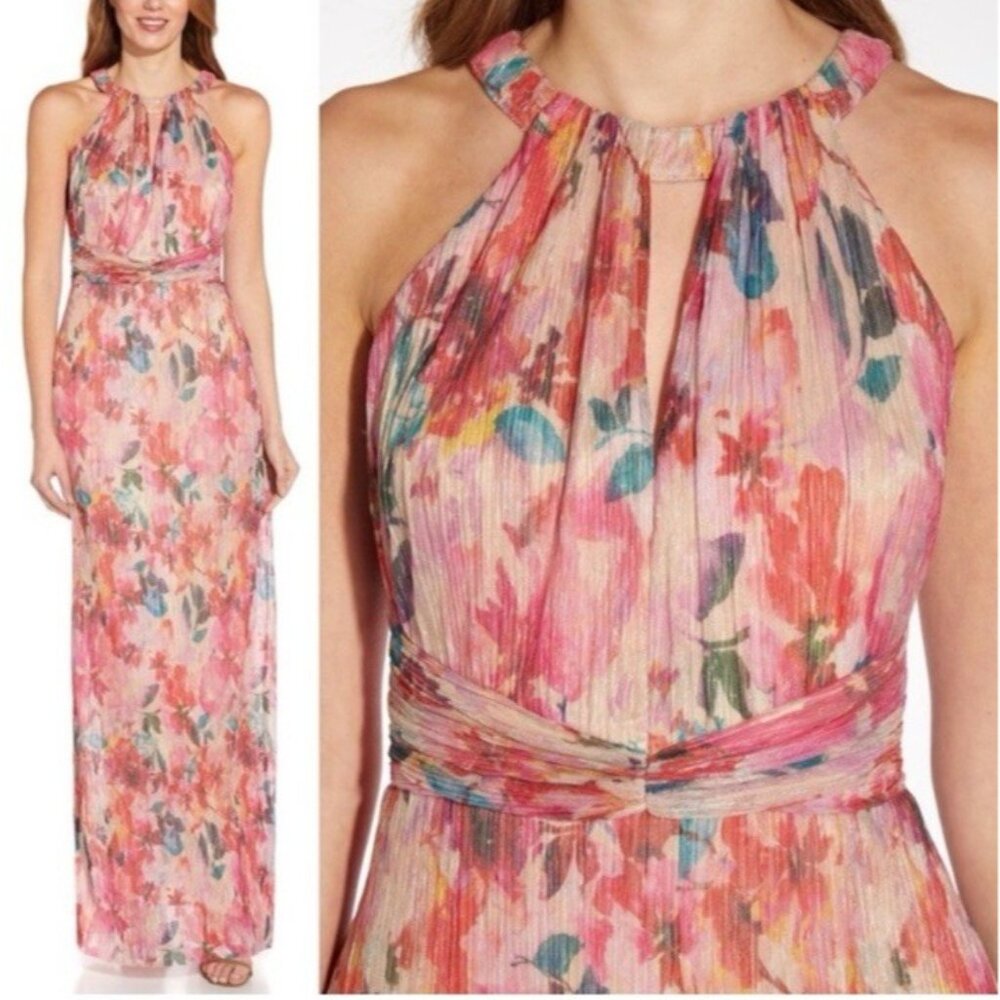 Adrianna Papell Dress 12 Pink Metallic Floral Shimmer Career Church Party $199